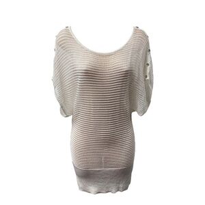 WHBM Tunic Small Top White Mini Scoop Neck Silver Buttons Batwing See Through